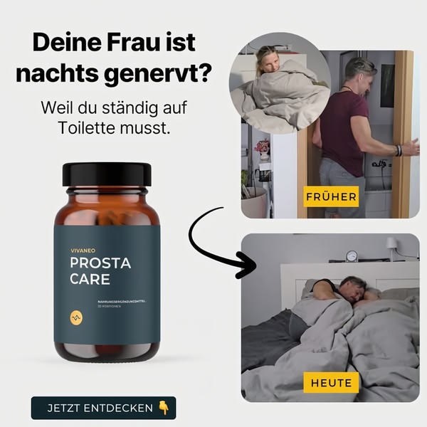 A square ad format featuring a husband waking his wife for frequent night bathroom trips, contrasted with a peaceful sleep scene after using the product.